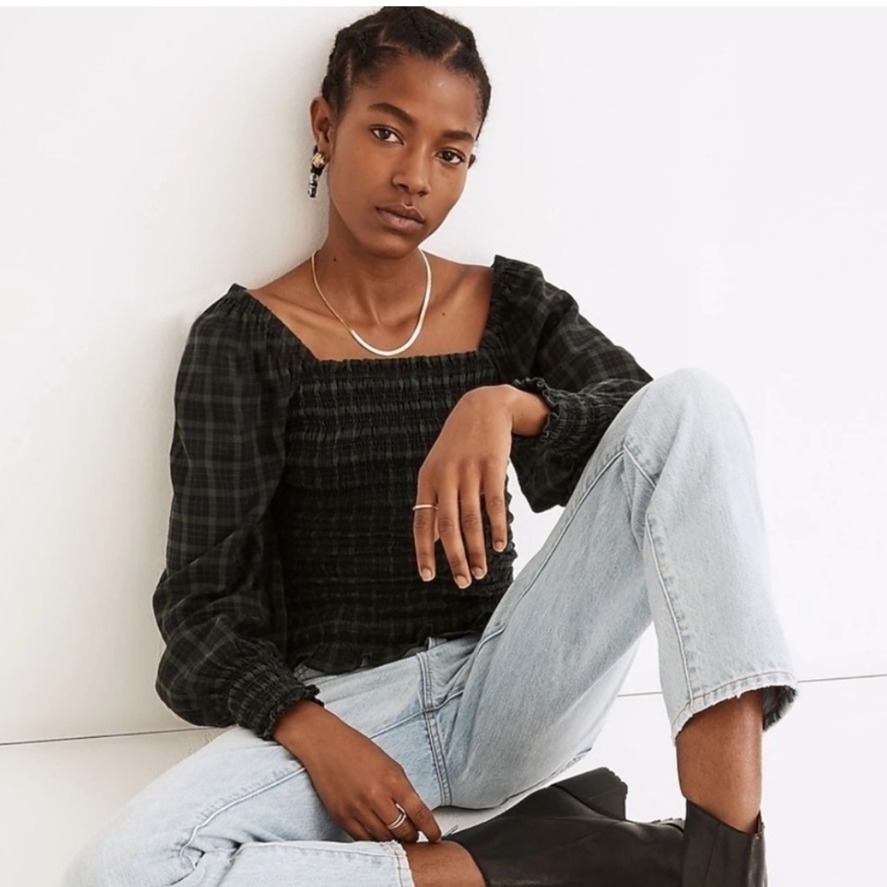 Madewell Lucie Bubble-Sleeve Smocked Peasant Top in Plaid (green/blue)